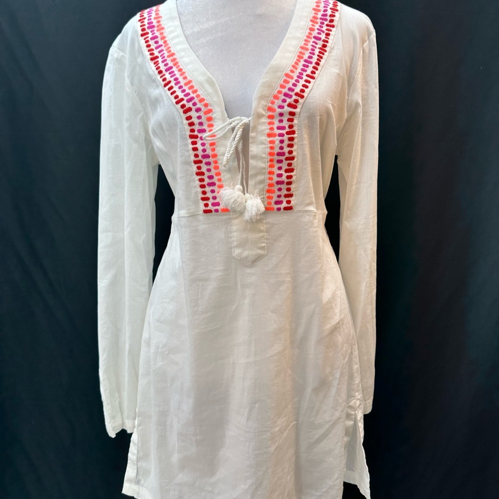 Athleta White Beach Coverup Tunic with Pink and Red Embroidery S
